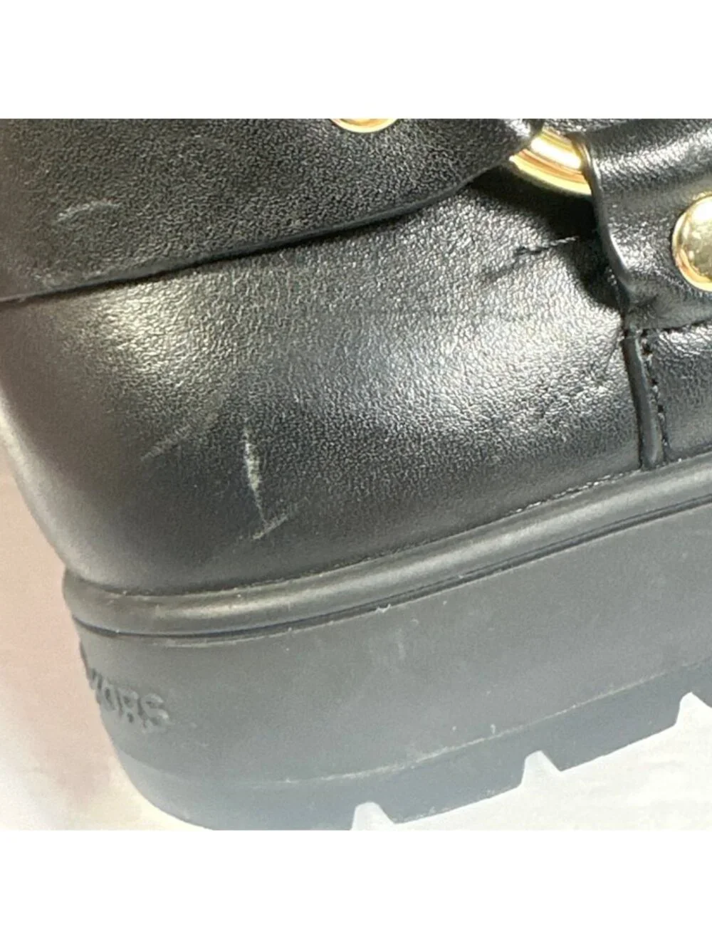 MICHAEL KORS ESSEX ICONIC BLACK GOLD LOGO MOTO BIKER BOOTS Size 7M - Picture 9 of 13
